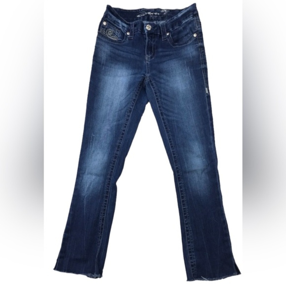 Seven7 size 6 dark blue wash Slim Boot frayed raw hem BOHO faded mid-rise jeans